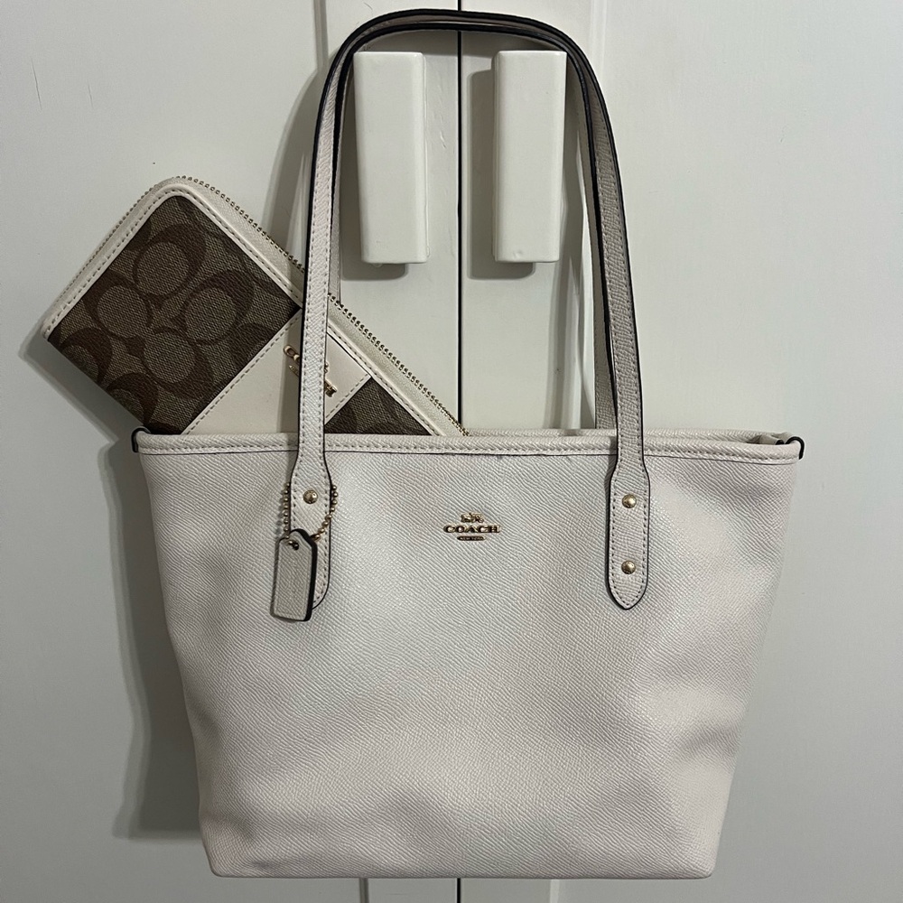 Coach Cream Mini City Tote Bag & Wallet with Brown Accents